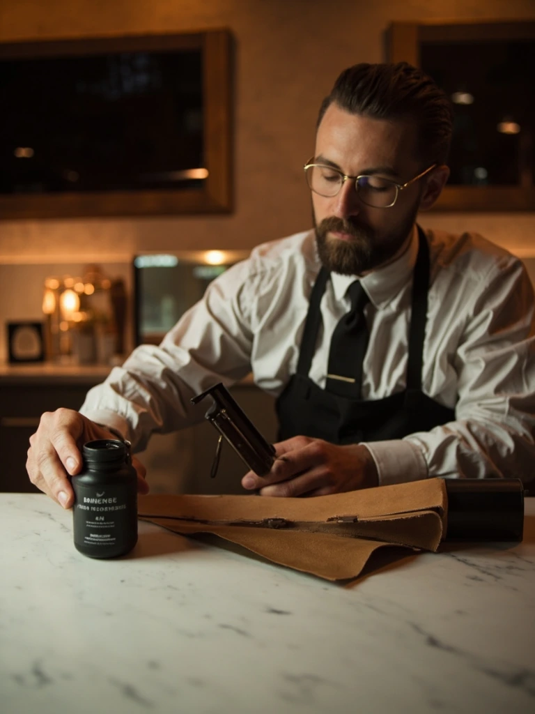 A master barber's hand draws a straight razor across a leather strop