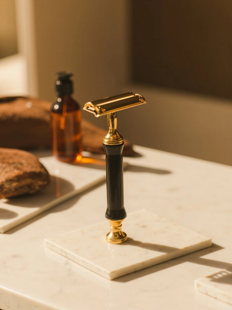 The flagship Golden Beaus safety razor on warm marble with a beard-oil bottle in the background.