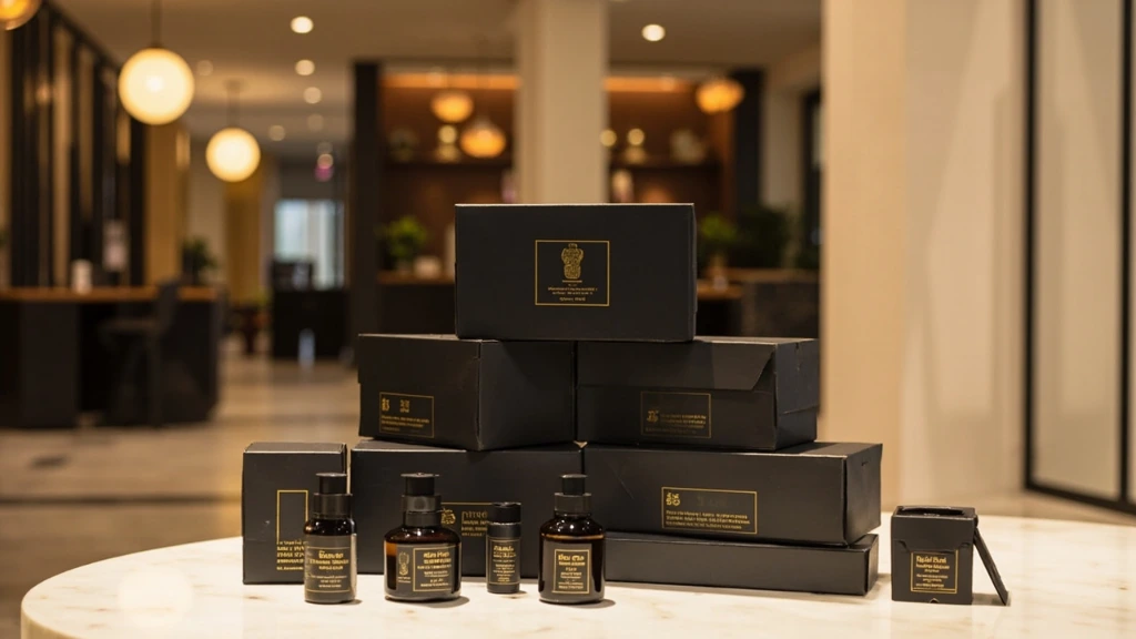 Corporate gifting boxes stacked in a modern lobby.