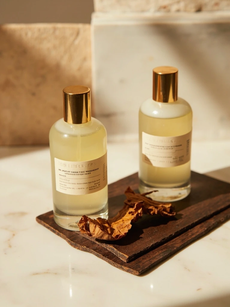 Cologne bottles on walnut