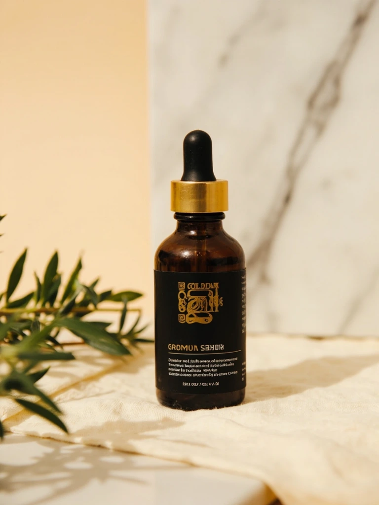 Face serum bottle on linen